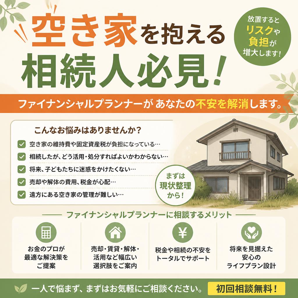 空き家を抱える相続人必見！ファイナンシャルプランナーがあなたの不安を解消します。